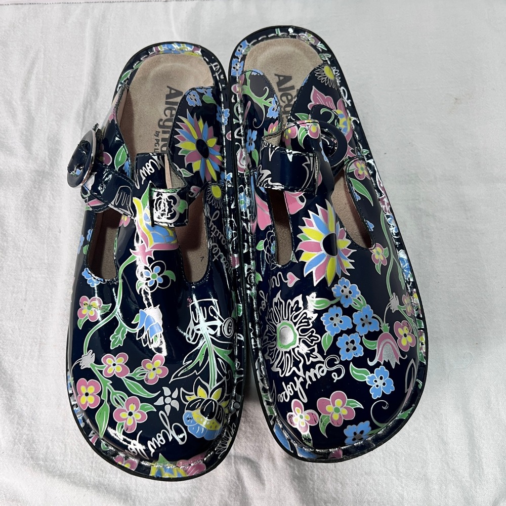 Alegria Donna Clogs Sz 10.5 Sew Hope Navy Blue Floral Patent Leather ALG-DON-354